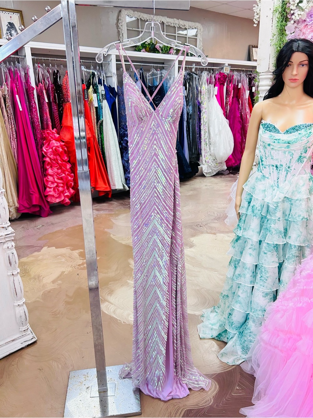 Sequin Strappy V-Neck Lavender Prom Dress